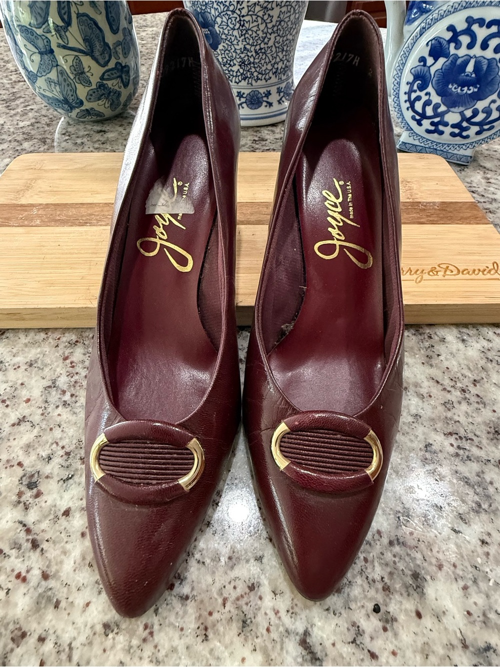 Burgundy Pointed Toe Pumps with Gold Accent